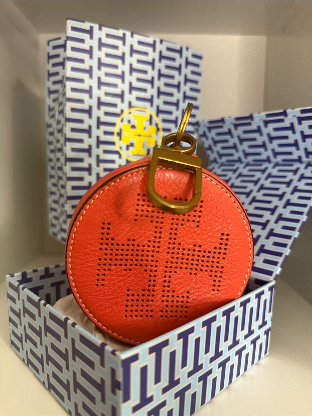 Tory Burch Coral-Orange Leather Round Key Ring with Gold Hardware
